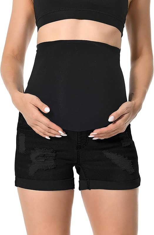 V VOCNI Maternity Denim Shorts Women's Summer High Waist Distressed Cuffed Hem Casual Denim Jeans... | Amazon (US)