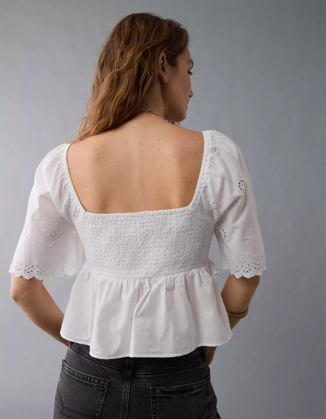 AE Flutter Sleeve Eyelet Babydoll Blouse | American Eagle Outfitters (US & CA)