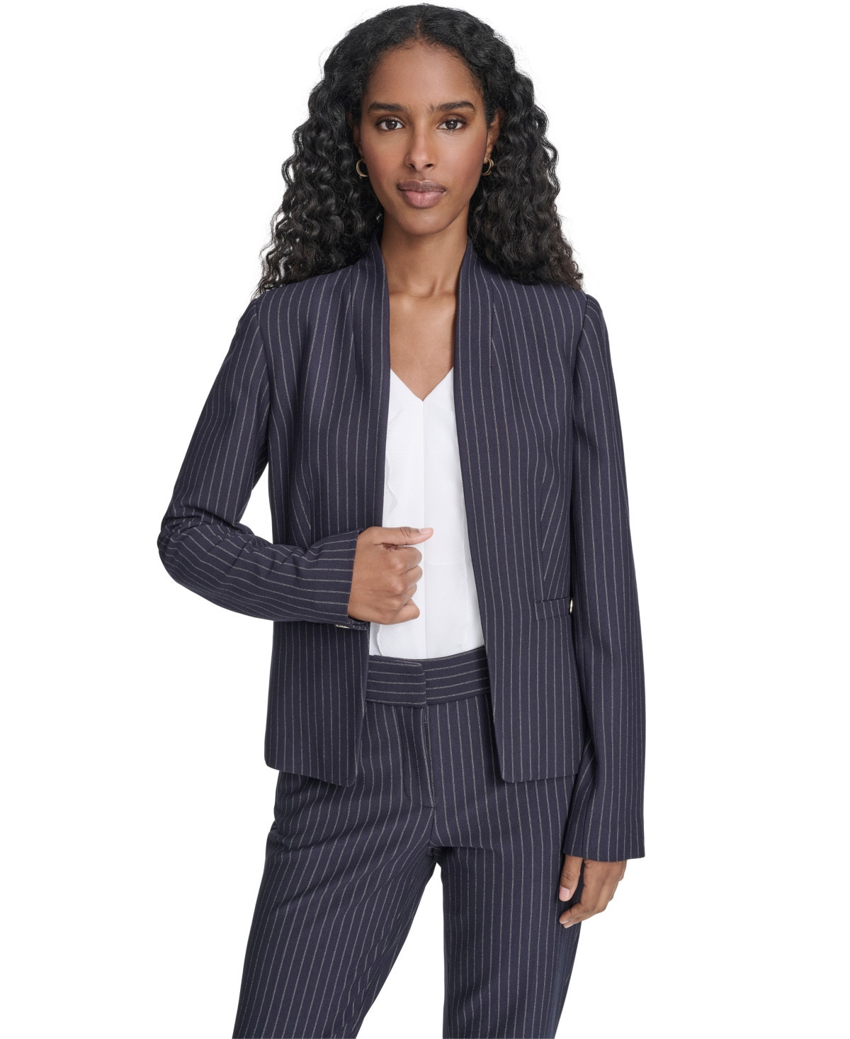 Tommy Hilfiger Women's Open Front Striped Blazer - Midnight/ Khaki | Macy's