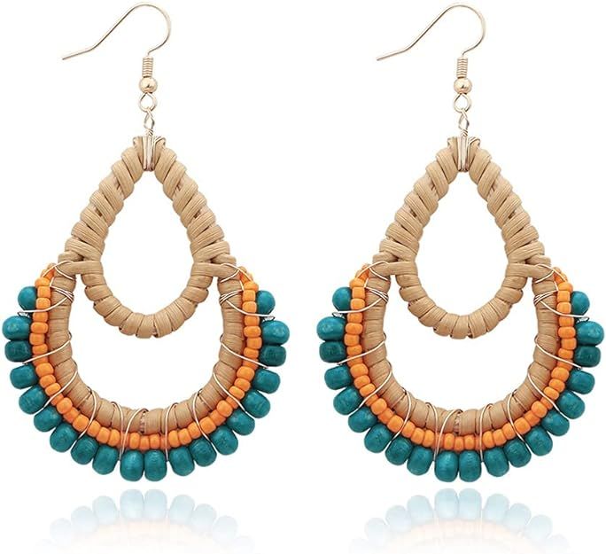 Bohemian Rattan Wooden Beads Handmade Circle/Teardrop Earrings Dangle Drop Jewelry for Women Girl... | Amazon (US)