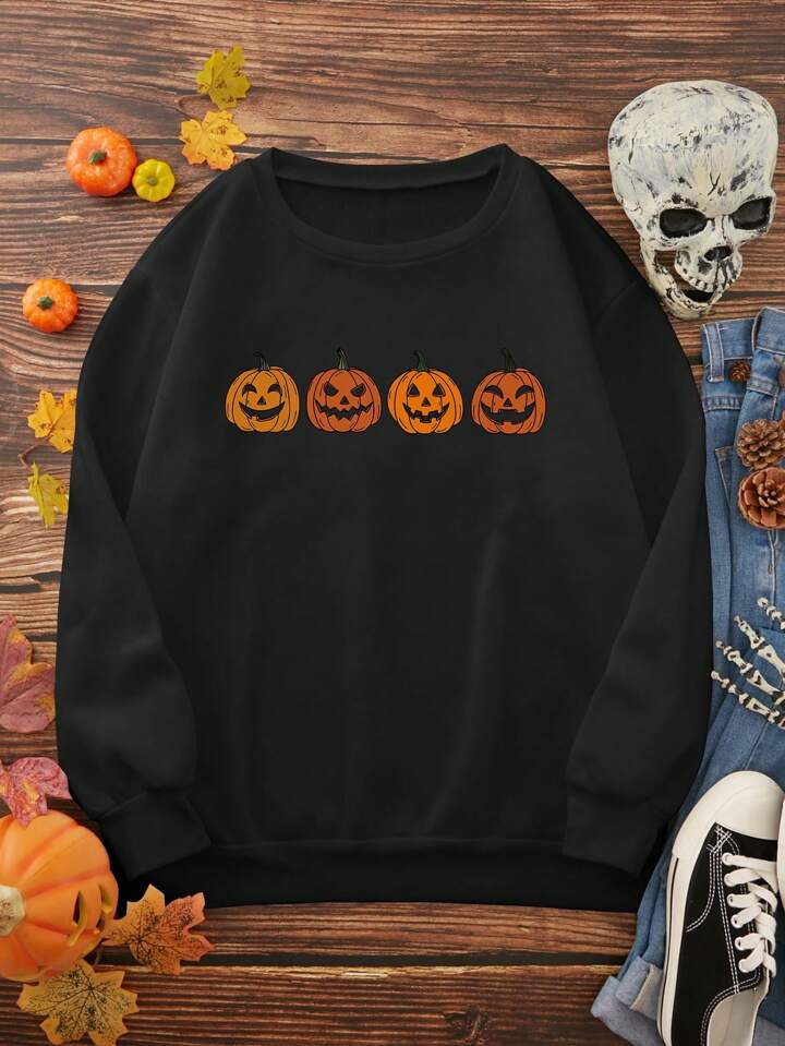 Halloween Pumpkin Print Thermal Lined Sweatshirt | SHEIN