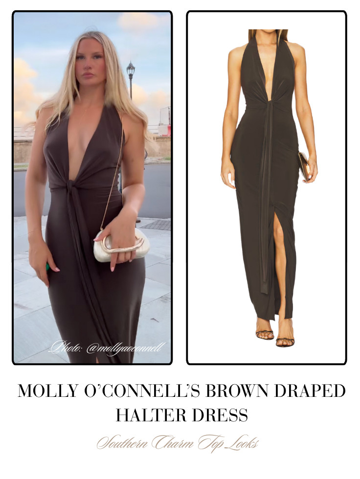 Molly O'Connell's Brown Draped Halter Dress 📸= @mollyaoconnell 

 