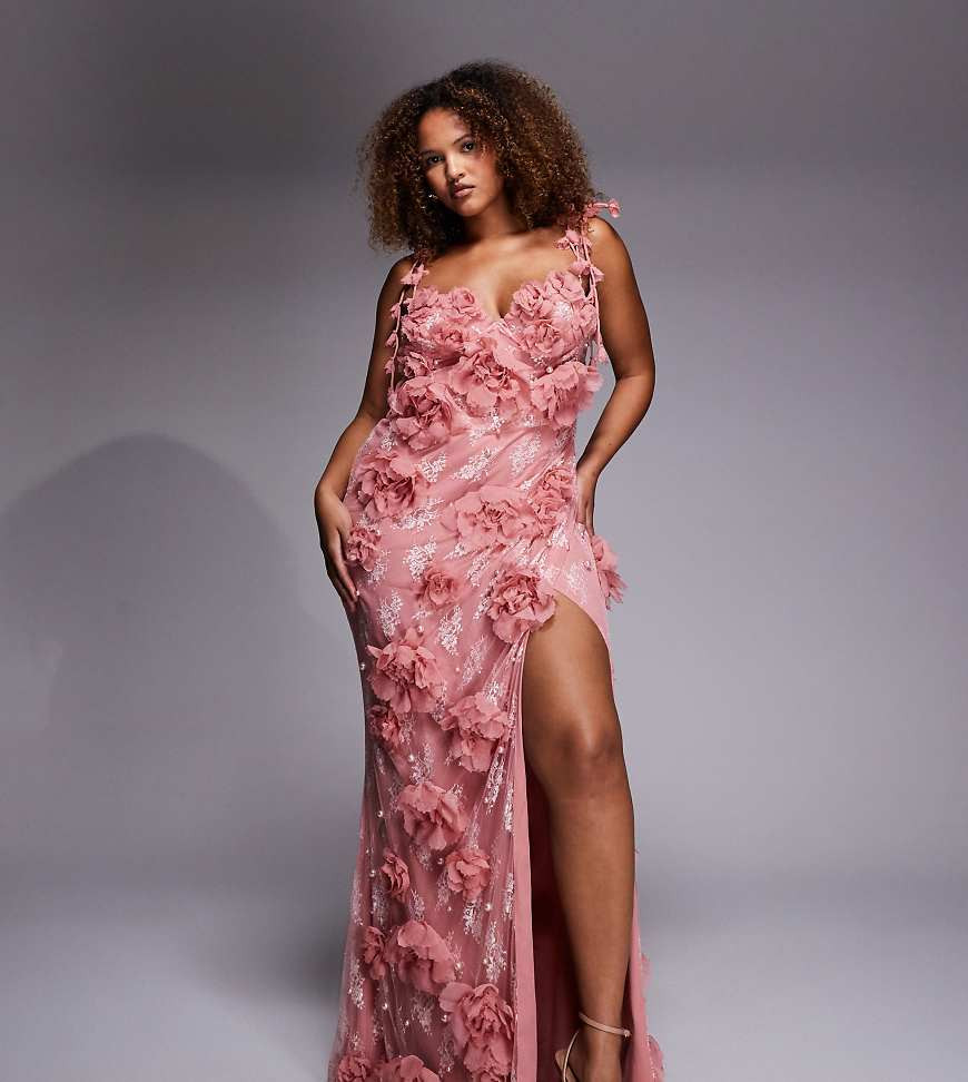 ASOS LUXE Curve 3D floral embellished lace maxi dress in dusky pink | ASOS (Global)