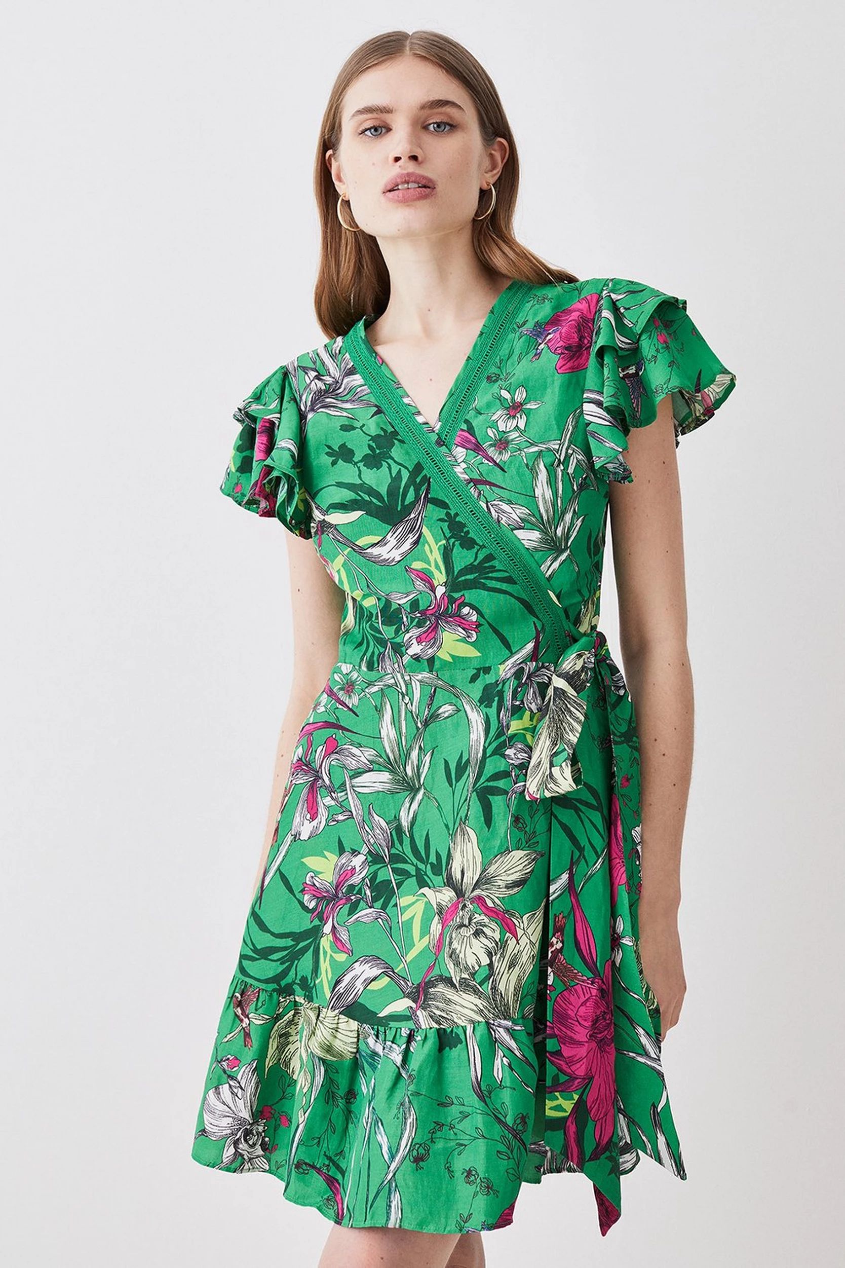 Tiered Floral Printed Linen Modal Woven Mini Dress | Karen Millen US
