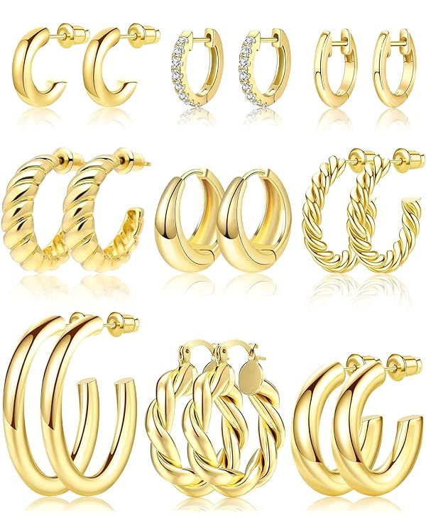 Adoyi 9 Pairs Gold Hoop Earrings Set for Women Girls Gold Twisted Huggie Hoops Earrings 14K 18K G... | Amazon (US)