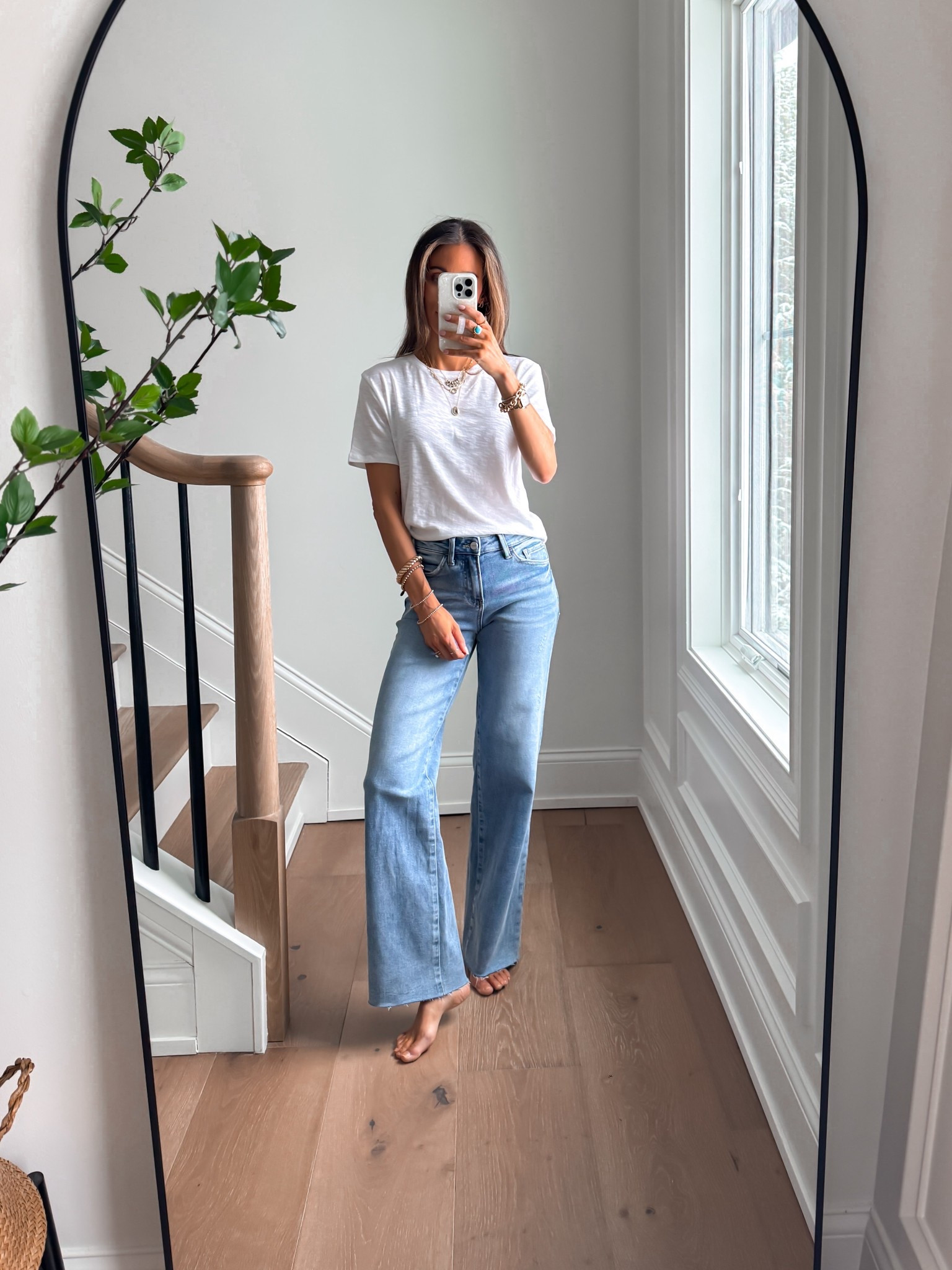 These sweatpant jeans are soft, stretchy, have a real zipper fly and pockets. I'm wearing a size 25 with a 32 inch inseam. Come in multiple lengths and wash options. The tee is the perfect softness. It's sheer but not see through with my favorite nude bra 

#LTKdayinmylife #LTKootd #LTKSaleAlert