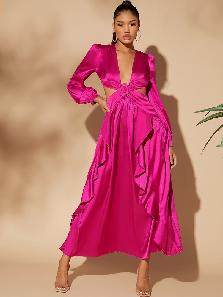 Plunging Buckle Detail Open Back Ruffle Trim Dress | SHEIN