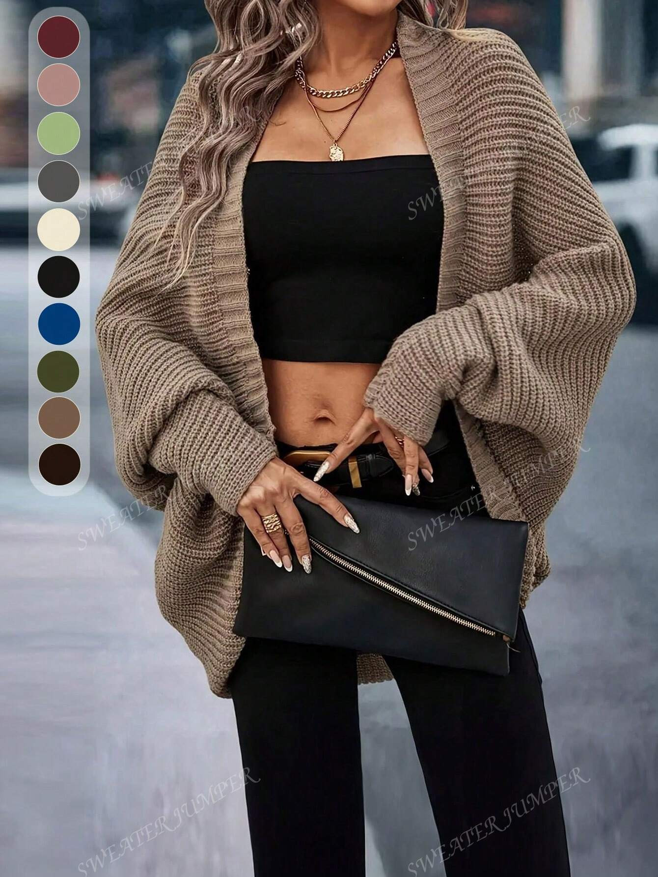 Women's Handmade Knitted Cardigan Sweater With Batwing Sleeve, Casual Daily & Holiday Wear | SHEIN