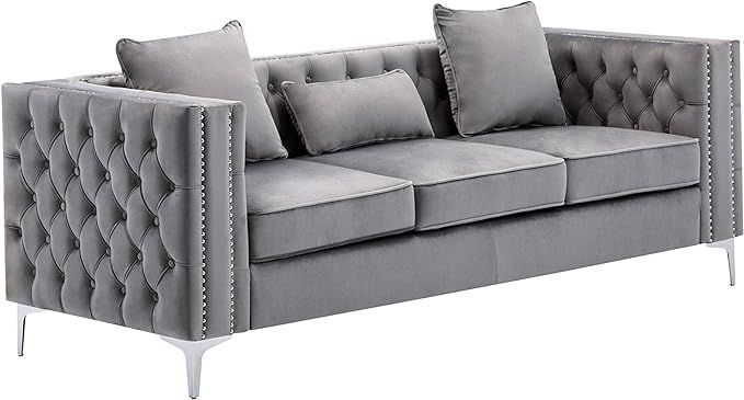 Lilola Home Lorreto Gray Velvet Sofa, Nailhead Trim, Button Tufted with Chrome Metal Legs | Amazon (US)