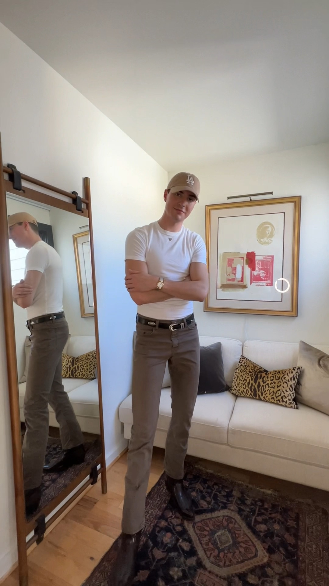 Men’s outfit idea with Wrangler chino pants, best slim white t-shirt, Western belt, cowboy boots, LA Dodgers baseball cap, casual style, easy outfit, men’s style

#LTKunder50 #LTKstyletip #LTKmens