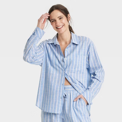 Women's Striped Long Sleeve Pajama Shirt - Auden™ Light Blue M: Button Down, Front Pocket | Target