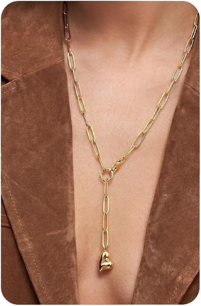 Lariat Long Silver Chain Necklace for Women, 16K Gold Plated Heart Pendant | Amazon (US)
