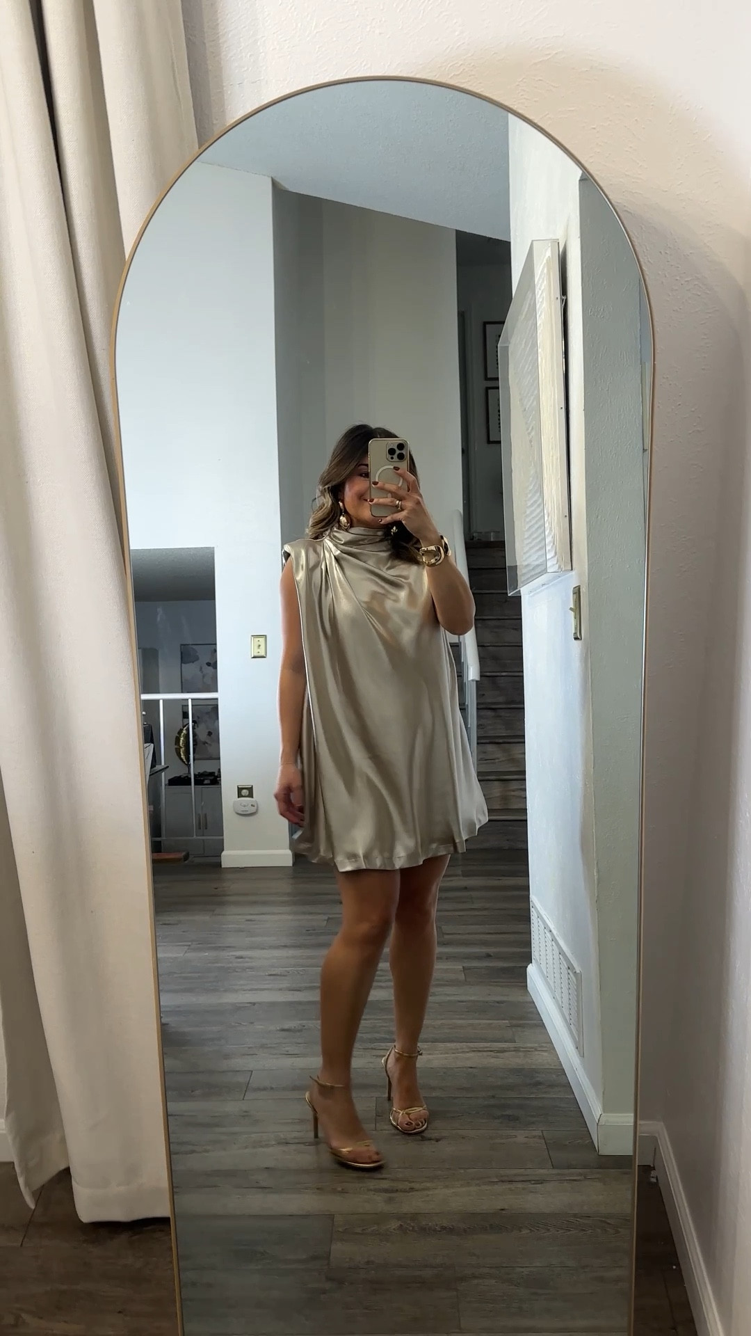 The most stunning gold liquid dress! 
It’s so comfortable and so chic!  
It runs tts, wearing size xs. 

#LTKPetite #LTKootd #LTKHoliday