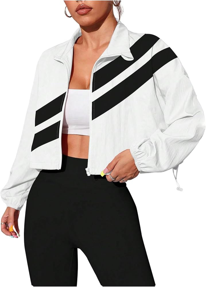 Verdusa Women's Windbreaker Cropped Jackets Color Block Zip Up Lightweight Athletic Outerwear Coa... | Amazon (US)