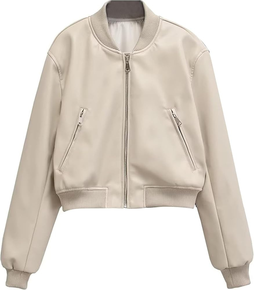 Women's Cropped Faux Leather Bomber Jacket Casual Zip Up Moto Biker Jackets Coat with Pockets | Amazon (US)