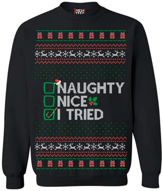 fresh tees Women/Men Naughty Nice I tried Ugly Christmas Sweater | Unisex Crewneck Graphic Sweats... | Amazon (US)
