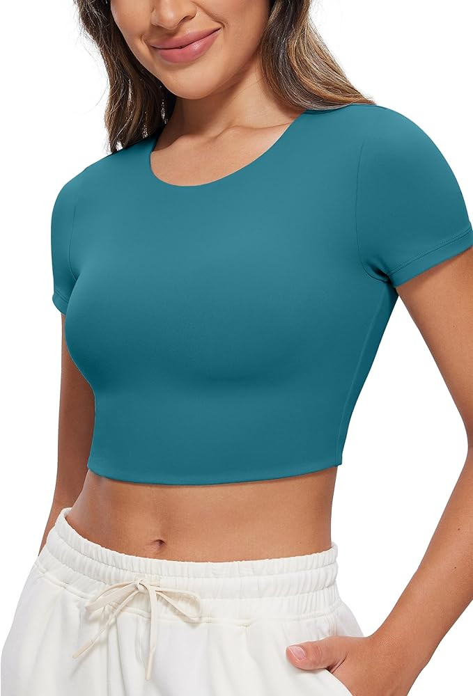 CRZ YOGA Womens Butterluxe Double Lined Short Sleeve Crop Tops Crew Neck Casual Workout T-Shirt C... | Amazon (US)