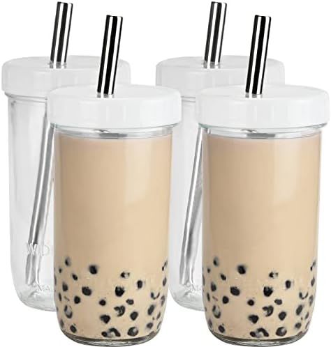 Glass Bubble Tea Cups 4 Pack 24 oz, Reusable Wide Mouth Smoothie Cups, Iced Coffee Cups With White L | Amazon (US)