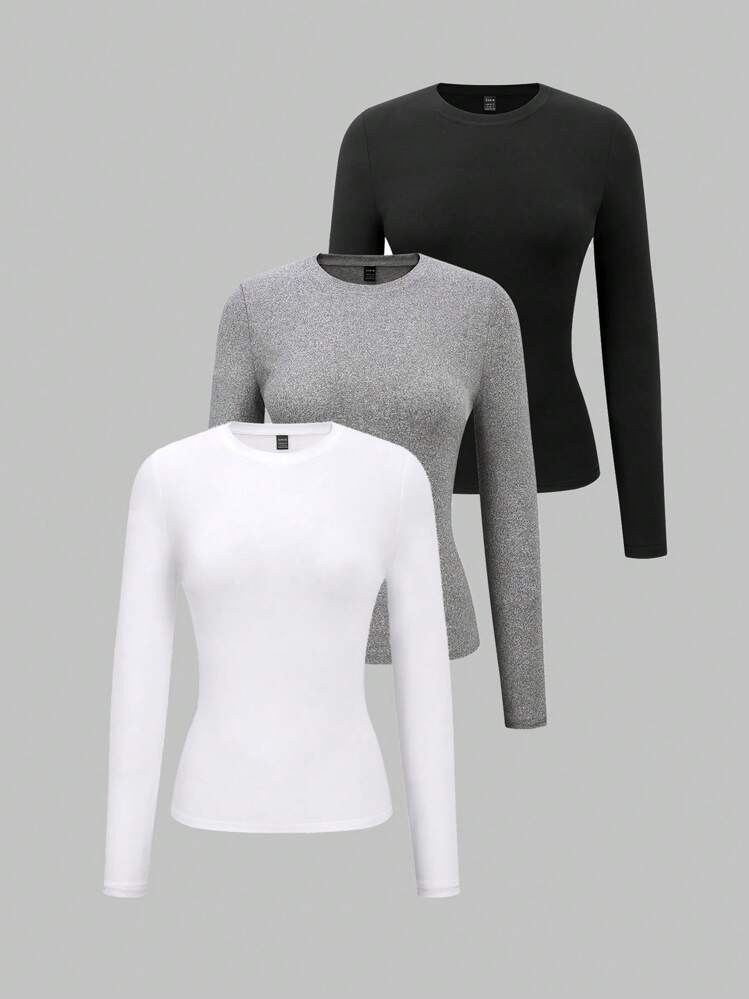 FavEase Women's Round Neck Long Sleeve Slim Fit T-Shirt Fall Cloth For Women | SHEIN