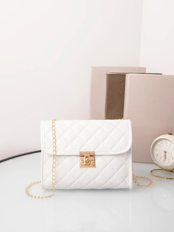 Quilted Twist Lock Flap Square Bag, Chain Strap Crossbody Bag, Women's Shoulder Purse For Phone | SHEIN
