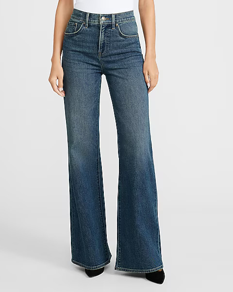 High Waisted Dark Wash Relaxed Flare Jeans | Express