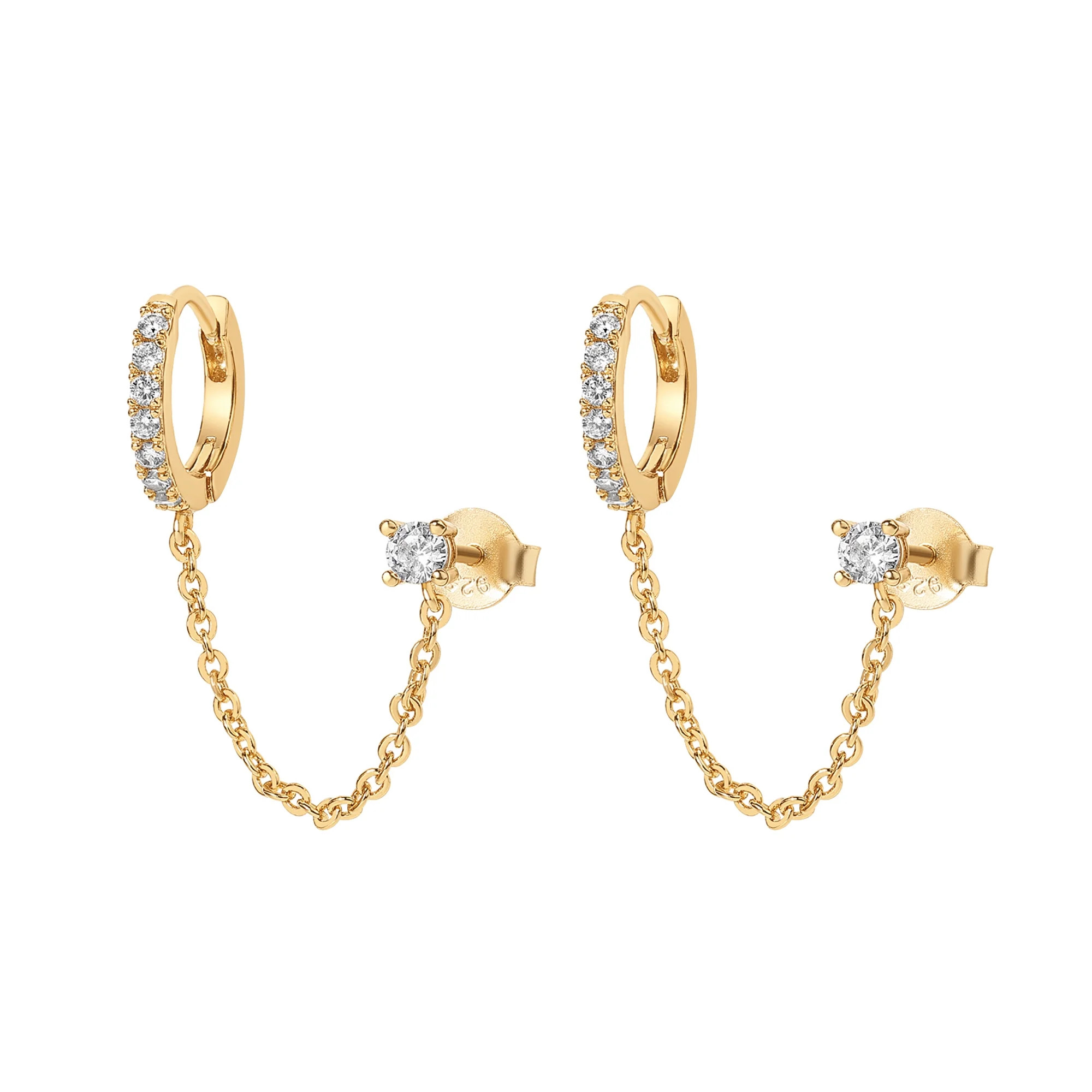 PAVOI Women's 14K Yellow Gold Flash Plated Chain Huggie Hoop & Cubic Zirconia Pearl Stud Earrings... | Walmart (US)