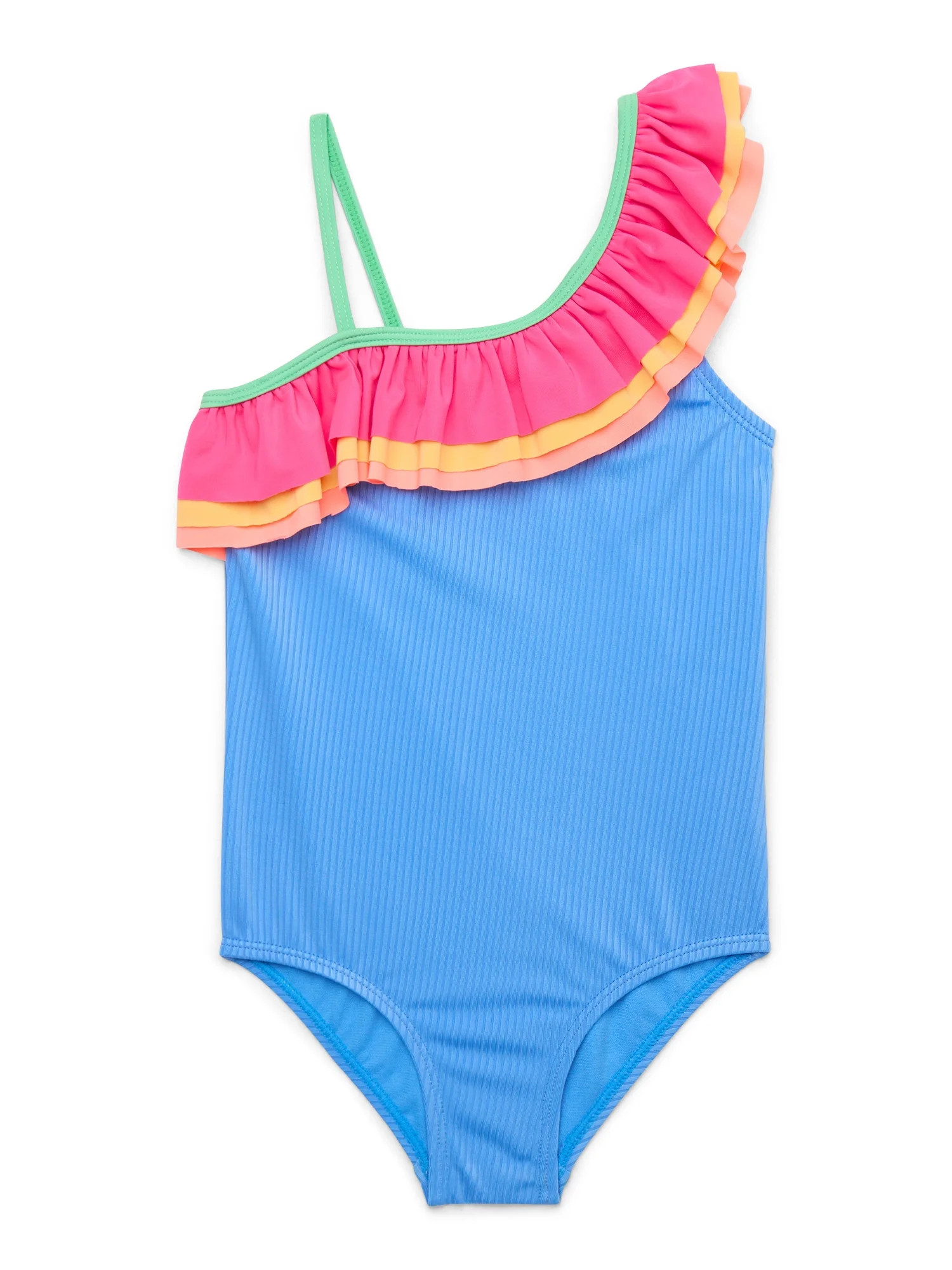 Wonder Nation Girls Ribbed One Shoulder Ruffle One Piece Swimsuit with UPF 50+, Sizes 4-18 & Plus | Walmart (US)