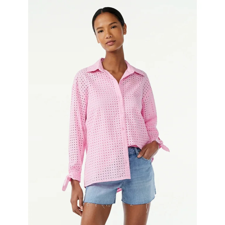Scoop Women's Eyelet Blouse with Long Sleeves - Walmart.com | Walmart (US)
