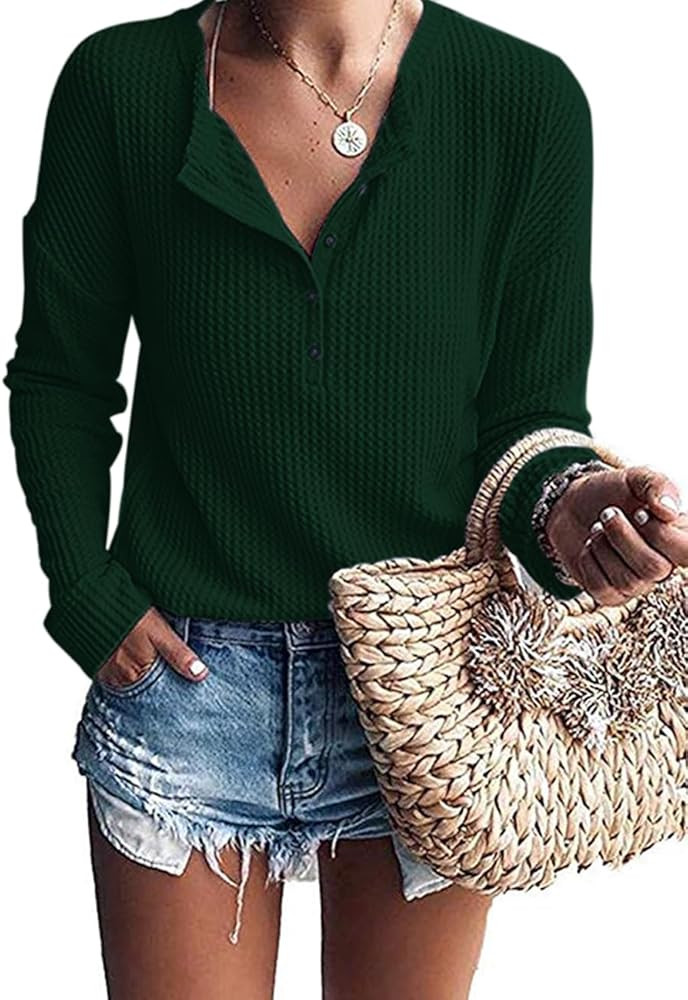 WNEEDU Women's Waffle Knit Tunic Tops Loose Long Sleeve Button Up V Neck Henley Shirts | Amazon (US)
