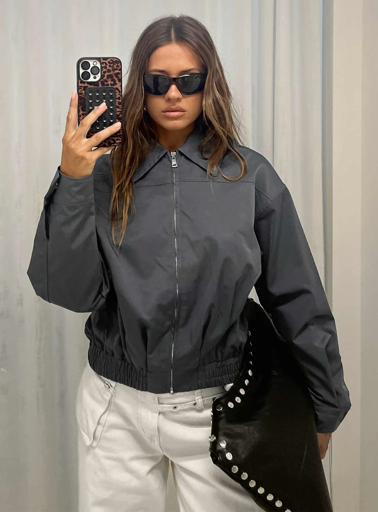 Call You Up Bomber Jacket Charcoal | Princess Polly US