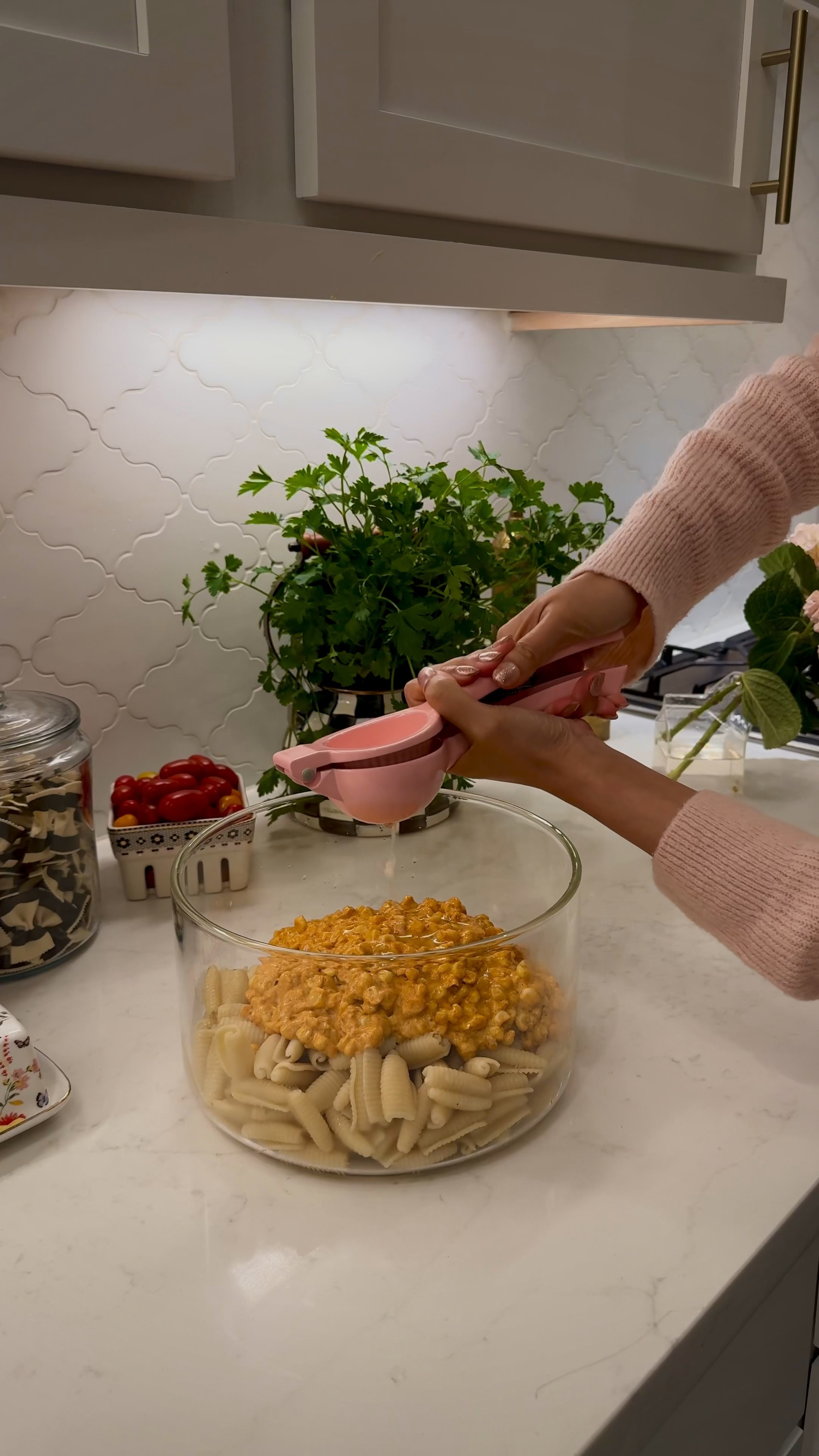 Outfit details: jeans run big, size down. 

The butter dish was a HomeGoods find

I love corn in a cup, and this is a pasta version of that which is perfect for any  upcoming  bbq  or cookouts! I personally love this salad warm, but you could also serve it cold. It just depends on your preference!


✨ 1lb of pasta
✨2 T chicken boullion to salt pasta water 
✨1lb bag of corn (2 cups)
✨4 oz cream cheese (room temperature)
✨4 Tablespoons of butter
✨2 teaspoons paprika
✨3 teaspoons chilli powder
✨1 cup mayo
✨3/4 cup sour cream
✨juice of 4 limes 
✨1/4 cup grated Parmesan cheese 
✨salt and pepper to taste 
✨cilantro for garnish
✨cotija or queso fresco 

1.	Bring water to a boil, add chicken bouillon, cook pasta al dente.
2.	In a pan, melt butter, add corn (frozen or grilled), and cream cheese, once cream cheese is fully melted turn off stove.
3.	Add chili powder, paprika, garlic  zest, mayo, sour cream,  and Parmesan.
4.	Combine cooked pasta and corn mixture, add lime juice, salt and pepper and mix well. 
5.	Taste for salt and Garnish with cotija cheese and cilantro. Enjoy!l

#LTKVideo #LTKhome