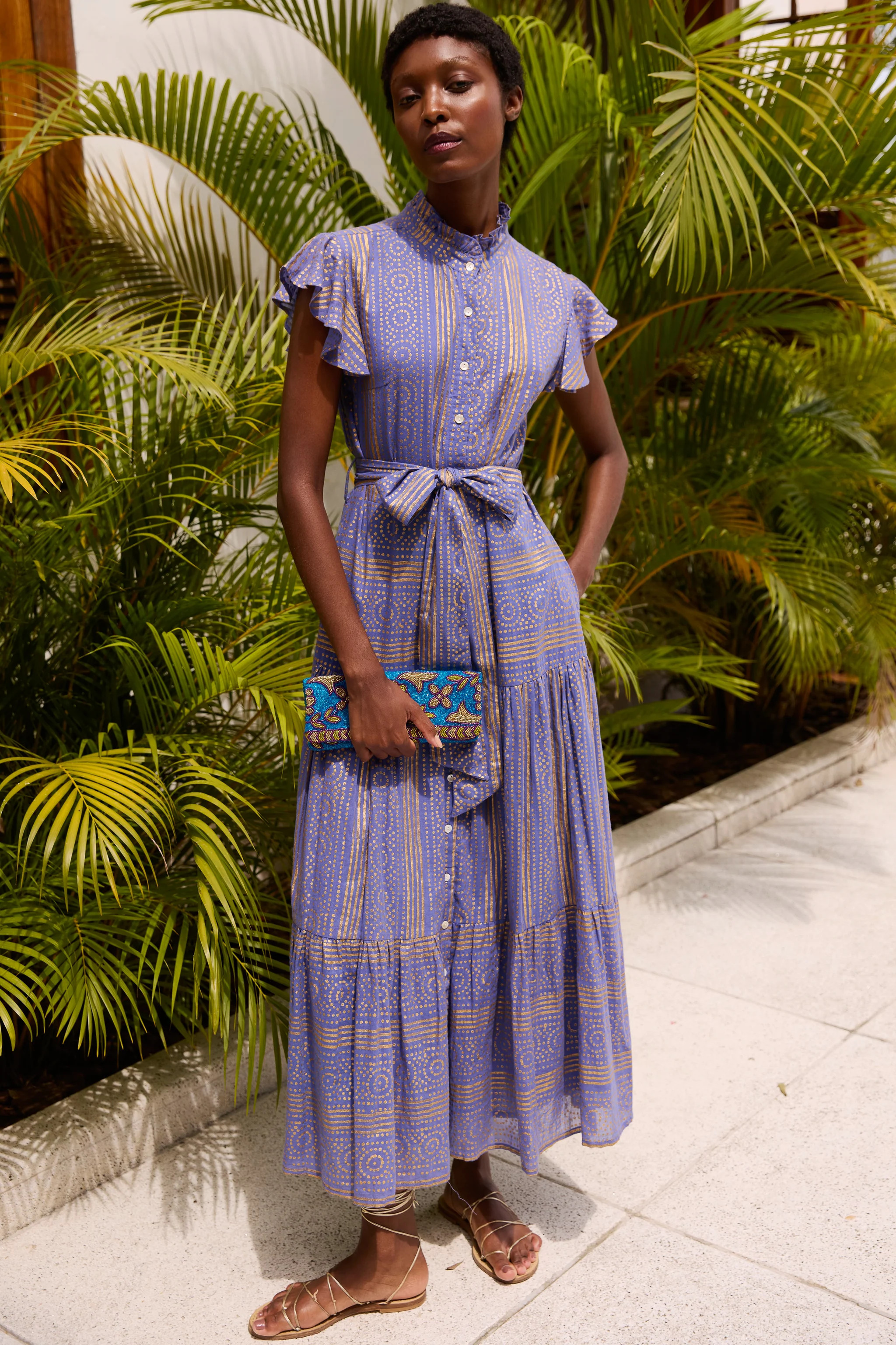 Ruffle Collar Button Maxi- Helene Blue | Oliphant Design