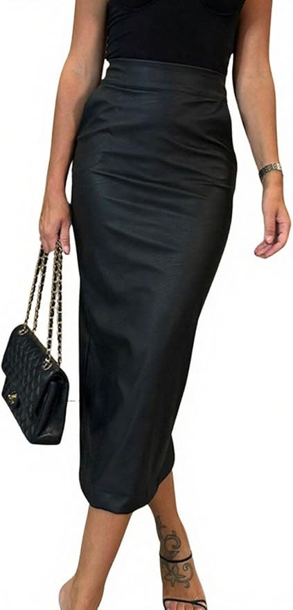 utcoco Womens Long Faux Leather Skirt Bodycon High Waist Slim Pencil Midi Skirt with Pockets | Amazon (US)
