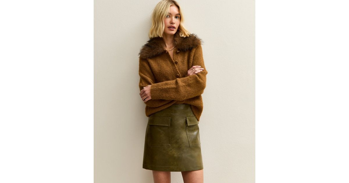 Dark Khaki Faux Leather Cargo Mini Skirt | New Look | New Look (UK)