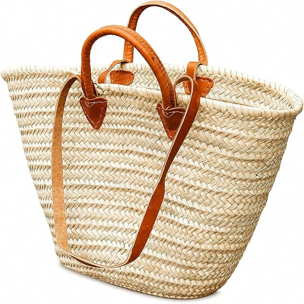 French Basket with Double Leather Handles - Straw Market Tote for Beach, Shopping and Summer Use | Amazon (US)