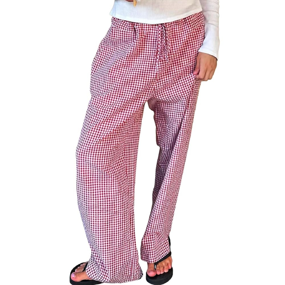Muineobuka Women Y2k Striped Pajama Pants Wide Leg Stripes Plaid Lounge Pants High Waist Striped ... | Amazon (US)