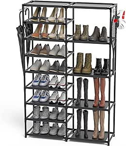 CSXGBAB Tall Garage Shoe Rack Large Capacity,Two Rows Versatile Hooks Storage Boot Shelf Black 24... | Amazon (US)