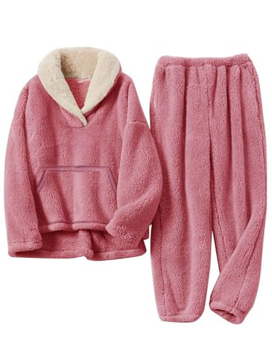 Flygo Girls Fuzzy Pants Set Fleece Outfits Winter Flannel Loose Fluffy Pullover Sweatshirt Top Pants Sweatsuit(Pink-S) | Amazon (US)