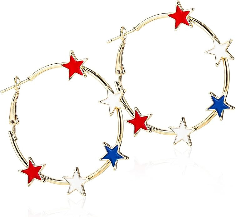 4th of July Gifts Red White Blue Star Circle Hoop Earrings for Women Independent Day Glitter Dang... | Amazon (US)