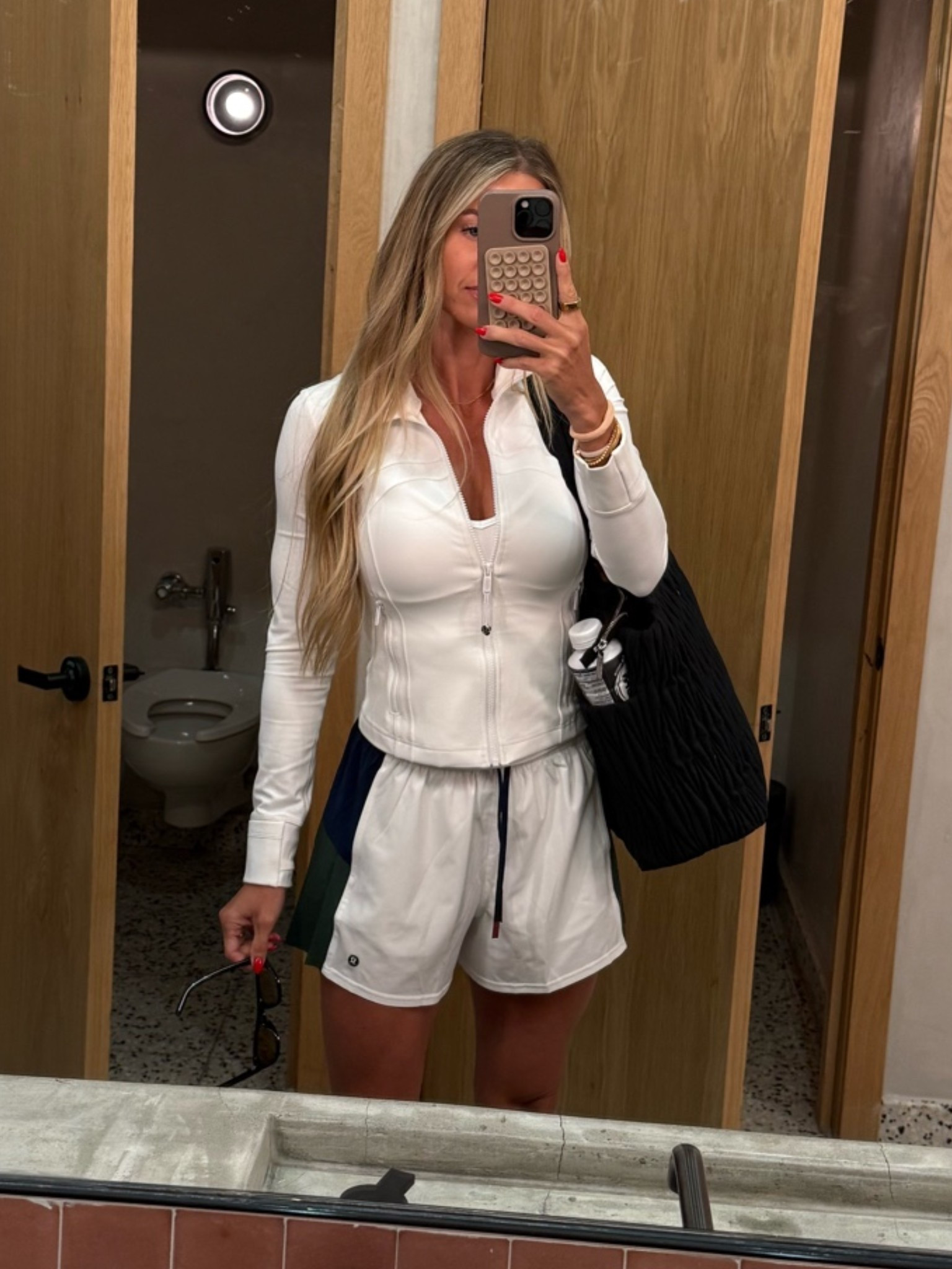 The shorts were a splurge but I got the matching jacket- shown on the website and have been mixing and matching the pieces. Small shorts. 6 define jacket. The tank underneath is my favorite from Amazon. I have both smalls and medium. Medium is a looser fit I like to style with jeans