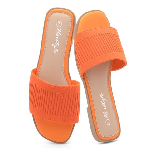 Herstyle Flat Sandals for Women, Knit Slide Sandals, Square Open Toe Slip-On, Dressy Casual Fashion Summer Shoes with Memory Foam for Travel & Vacation, OrangeKN, Size 11.0, Melvin | Amazon (US)