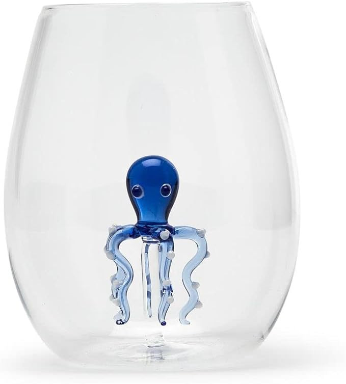 Two's Company Octopus Icon Stemless Wine Glass - Hand-Blown Clear Drinking Glassware, Modern Barw... | Amazon (US)