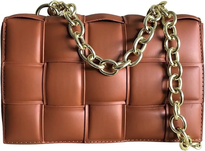 Bella Luna Woven Padded Cassette-Style Crossbody Handbag Purse for Women with Chain Bag (Camel-Ch... | Amazon (US)