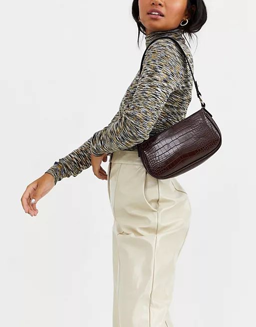 ASOS DESIGN croc effect 90s shoulder bag in chocolate | ASOS (Global)