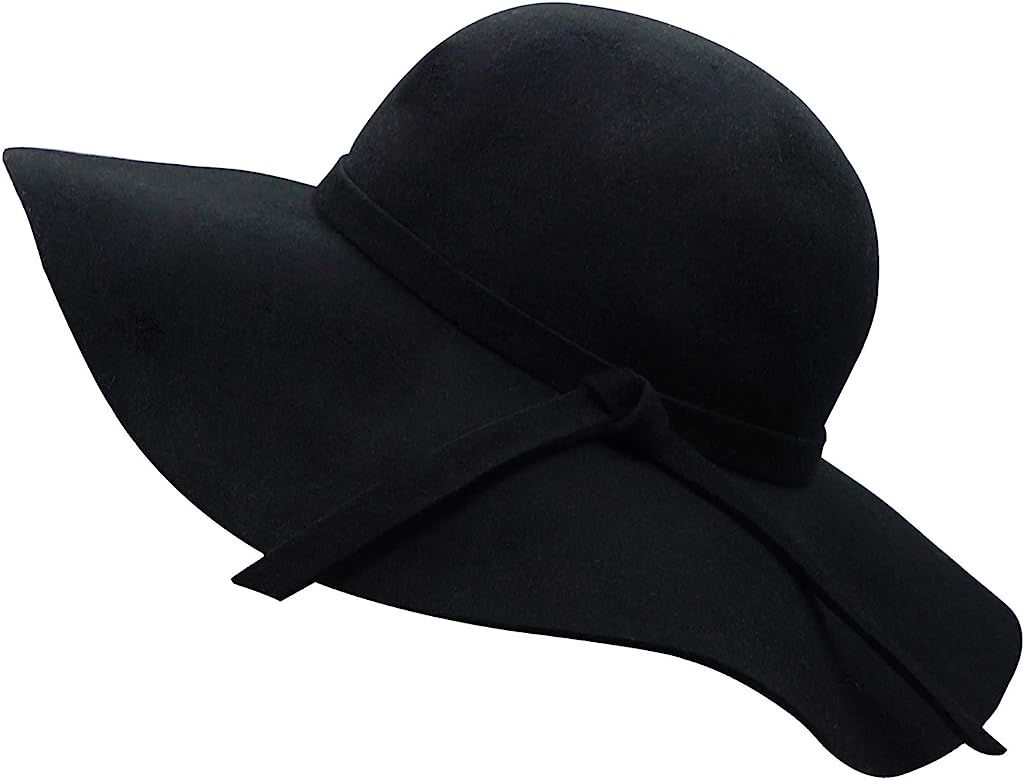 Women's Wide Brim Wool Ribbon Band Floppy Hat | Amazon (US)