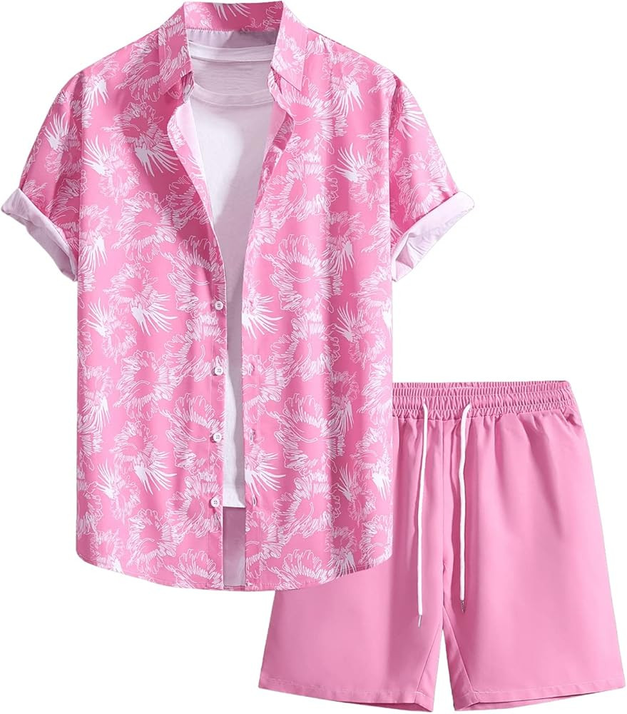Floerns Men's Two Piece Outfit Printed Shirt Top and Drawstring Waist Shorts Set | Amazon (US)