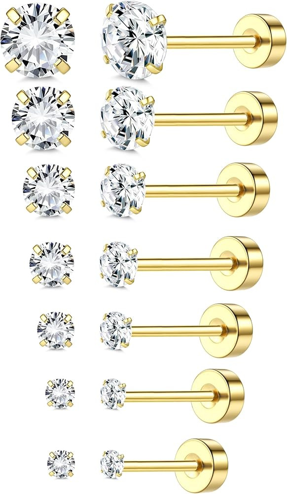 18K Gold Plated 5A Cubic Zirconia Threadless Flat Back Earrings Surgical Stainless Steel Simulate... | Amazon (US)