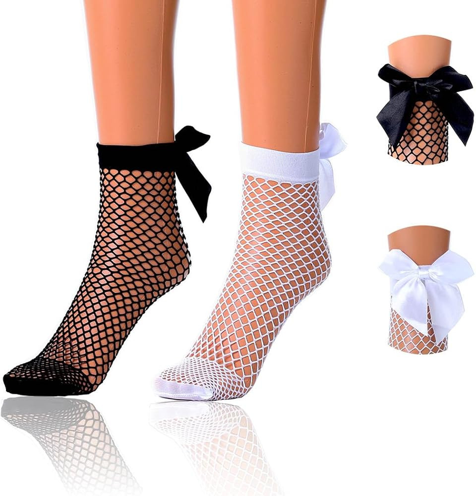 Fishnet Sheer Socks Bow Mesh Net Socks Elastic Hollow Short Socks for Women 2 Pairs | Amazon (US)