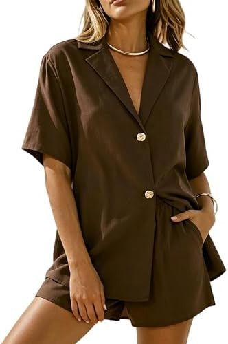 APAFES Women 2 Piece Set Button Down Shirt Shorts Sets Summer Two Piece Outfits Beach Vacation Ca... | Amazon (US)