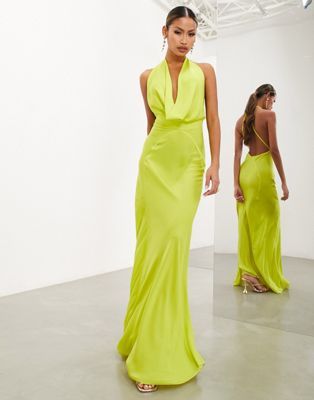 ASOS EDITION satin statement cowl neck maxi dress in lime green | ASOS (Global)